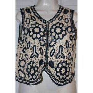 Women's Crochet Vest Cream Black Floral Boho Festival Sleeveless Button Front